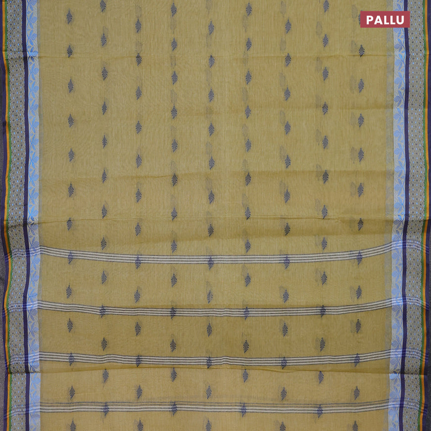 Bengal cotton saree elaichi green and blue with thread woven buttas and thread woven border without blouse