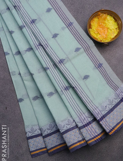 Bengal cotton saree pastel green and blue with thread woven buttas and thread woven border without blouse