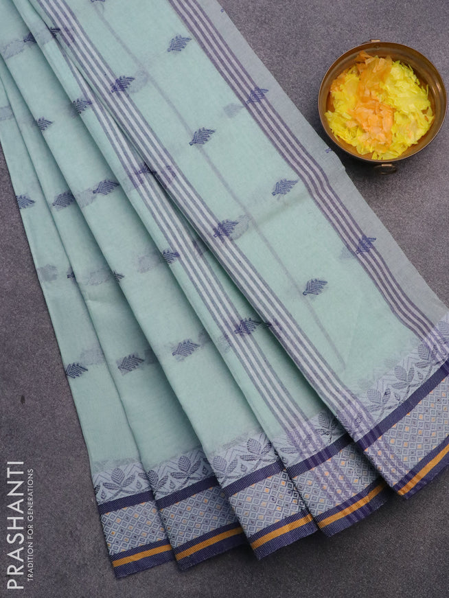 Bengal cotton saree pastel green and blue with thread woven buttas and thread woven border without blouse