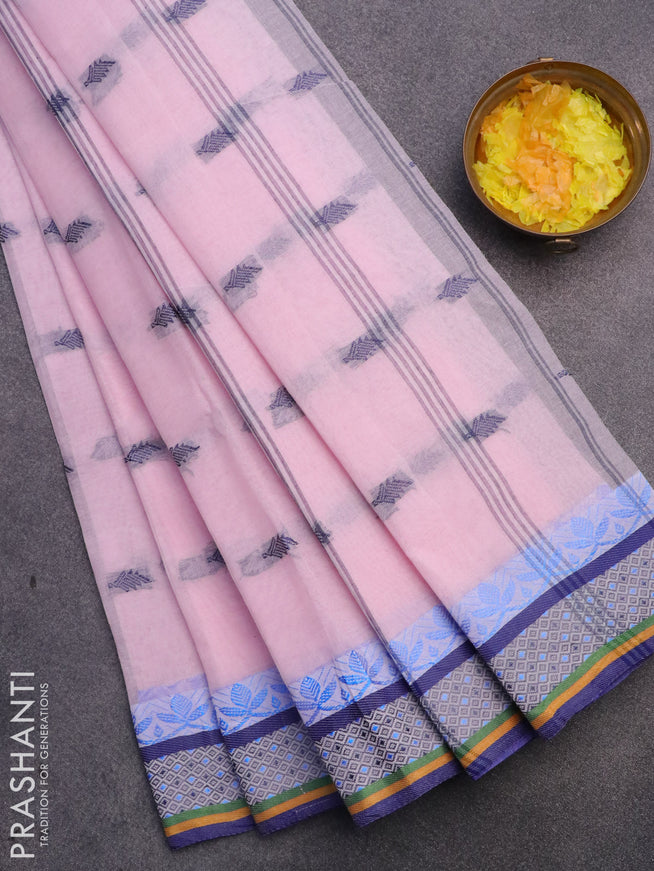 Bengal cotton saree light pink and blue with thread woven buttas and thread woven border without blouse