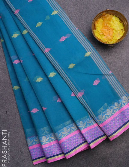 Bengal cotton saree teal blue and pink with thread woven buttas and thread woven border without blouse