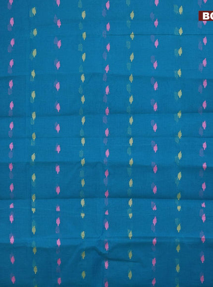 Bengal cotton saree teal blue and pink with thread woven buttas and thread woven border without blouse