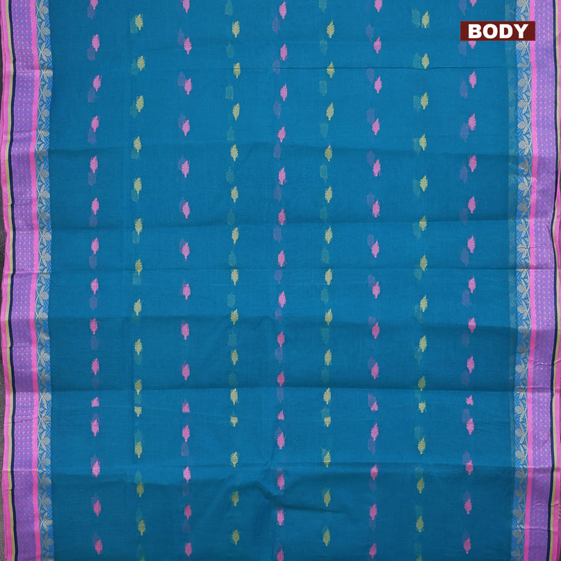 Bengal cotton saree teal blue and pink with thread woven buttas and thread woven border without blouse