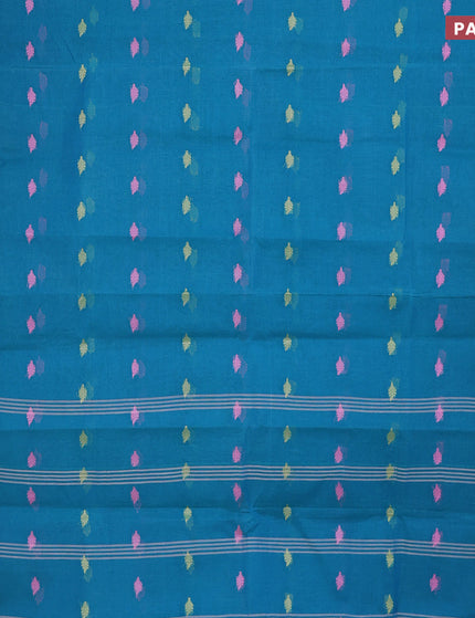 Bengal cotton saree teal blue and pink with thread woven buttas and thread woven border without blouse