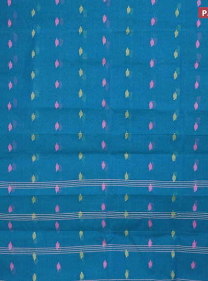 Bengal cotton saree teal blue and pink with thread woven buttas and thread woven border without blouse