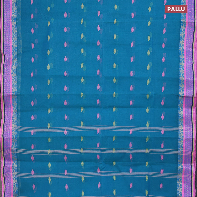 Bengal cotton saree teal blue and pink with thread woven buttas and thread woven border without blouse