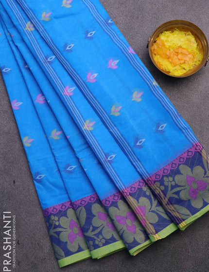 Bengal cotton saree cs blue and blue with thread woven buttas and thread woven border without blouse