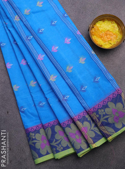 Bengal cotton saree cs blue and blue with thread woven buttas and thread woven border without blouse