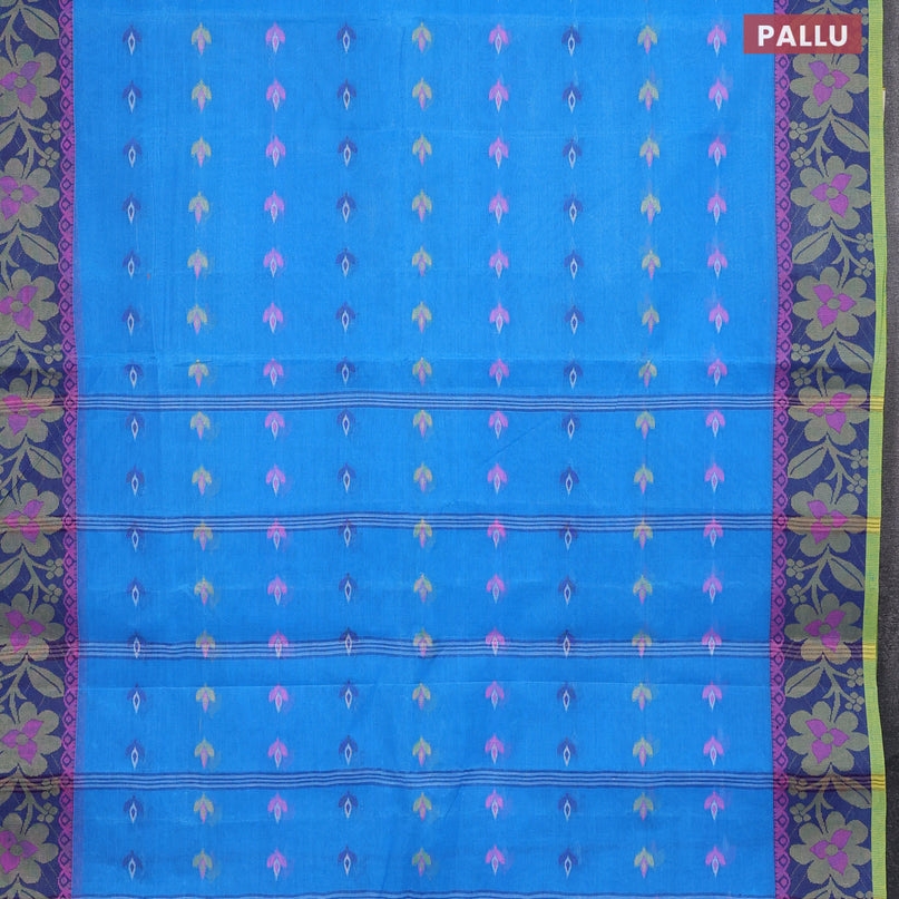 Bengal cotton saree cs blue and blue with thread woven buttas and thread woven border without blouse