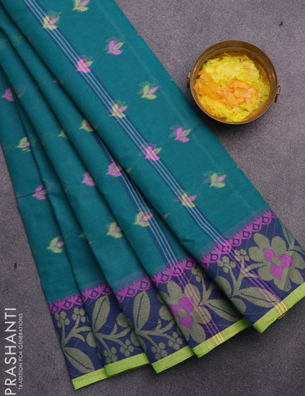 Bengal cotton saree teal green and blue with thread woven buttas and thread woven border without blouse