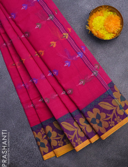 Bengal cotton saree pink and blue with thread woven buttas and thread woven border without blouse