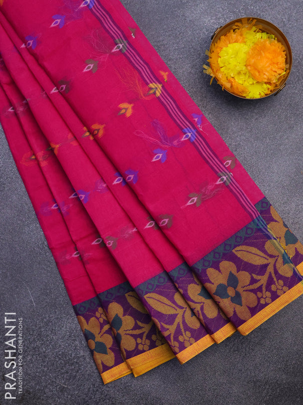 Bengal cotton saree pink and blue with thread woven buttas and thread woven border without blouse