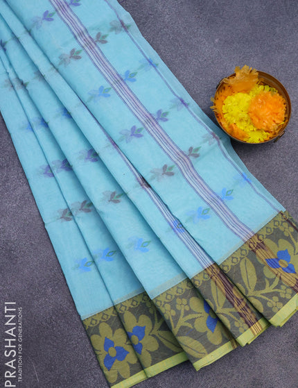 Bengal cotton saree pastel blue and yellow shade with thread woven buttas and thread woven border without blouse