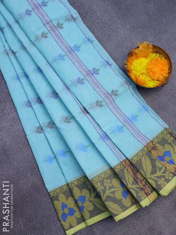 Bengal cotton saree pastel blue and yellow shade with thread woven buttas and thread woven border without blouse