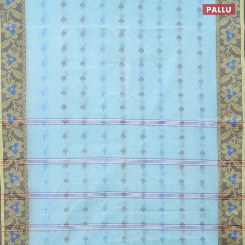 Bengal cotton saree pastel blue and yellow shade with thread woven buttas and thread woven border without blouse