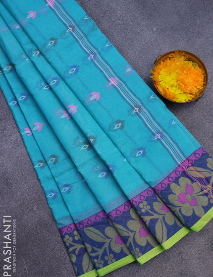 Bengal cotton saree teal blue and blue with thread woven buttas and thread woven border without blouse