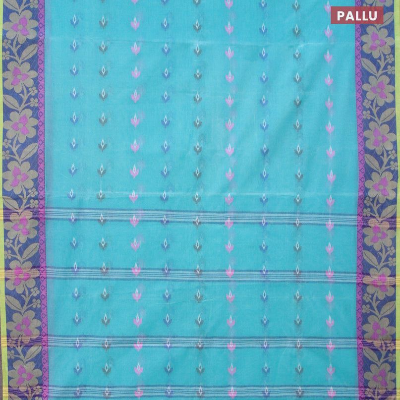 Bengal cotton saree teal blue and blue with thread woven buttas and thread woven border without blouse