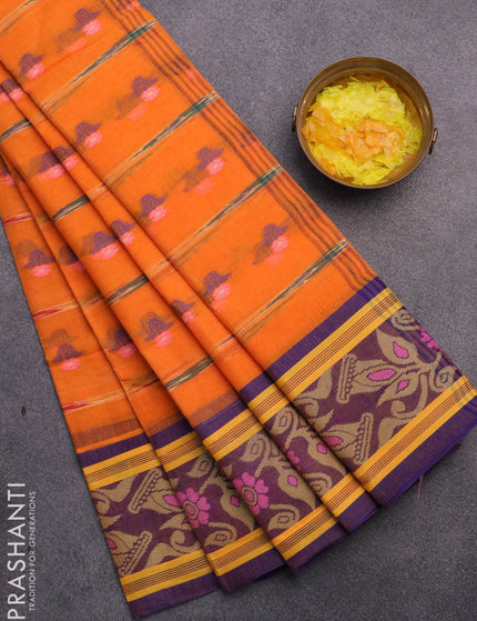 Bengal cotton saree orange and blue with thread woven buttas and thread woven border without blouse