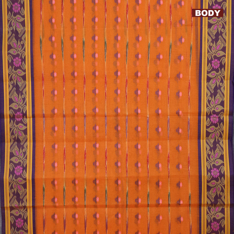 Bengal cotton saree orange and blue with thread woven buttas and thread woven border without blouse