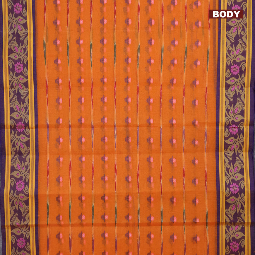 Bengal cotton saree orange and blue with thread woven buttas and thread woven border without blouse