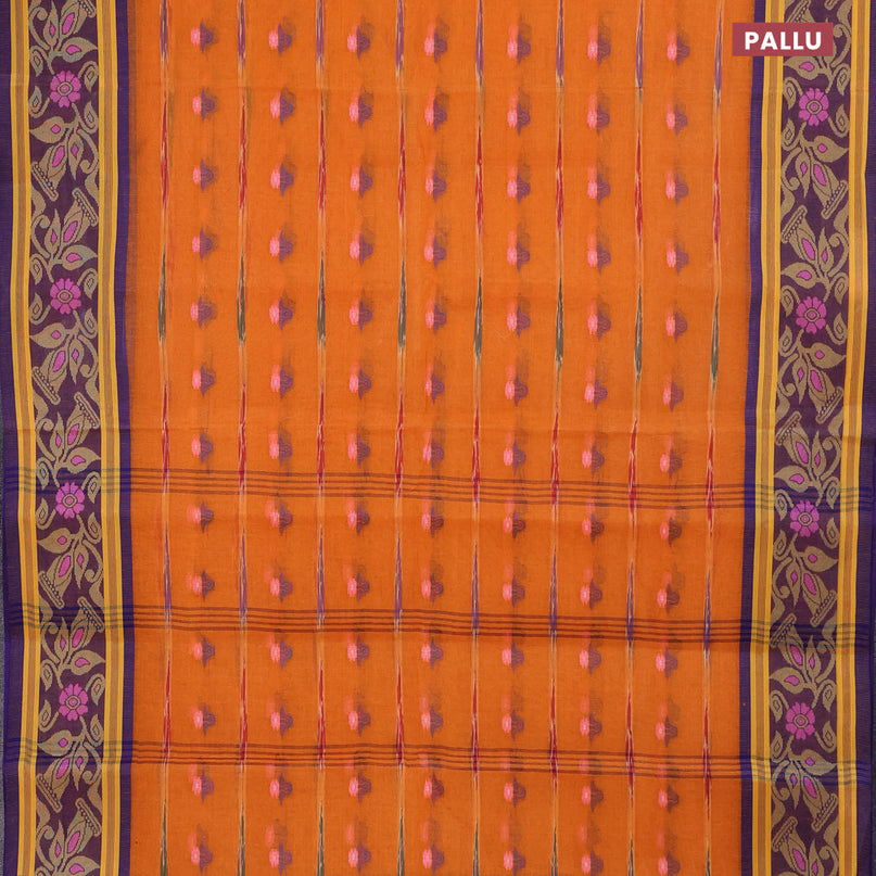 Bengal cotton saree orange and blue with thread woven buttas and thread woven border without blouse