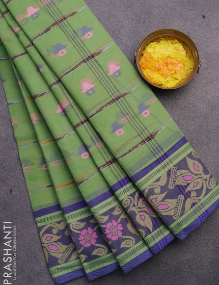 Bengal cotton saree green shade and blue with thread woven buttas and thread woven border without blouse