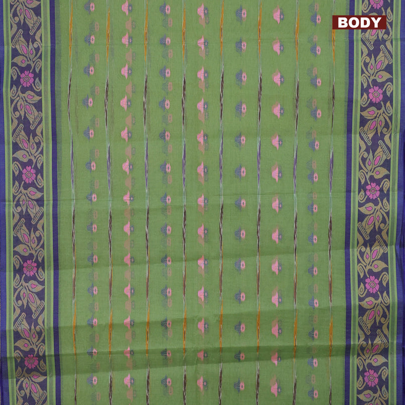 Bengal cotton saree green shade and blue with thread woven buttas and thread woven border without blouse