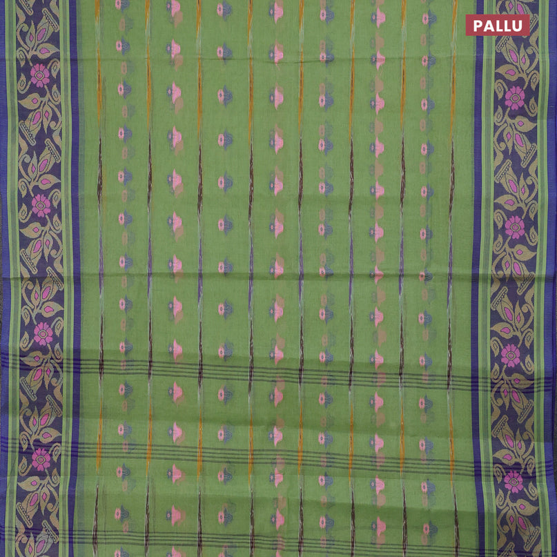 Bengal cotton saree green shade and blue with thread woven buttas and thread woven border without blouse