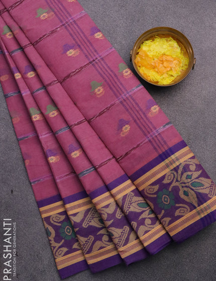 Bengal cotton saree pink shade and blue with thread woven buttas and thread woven border without blouse