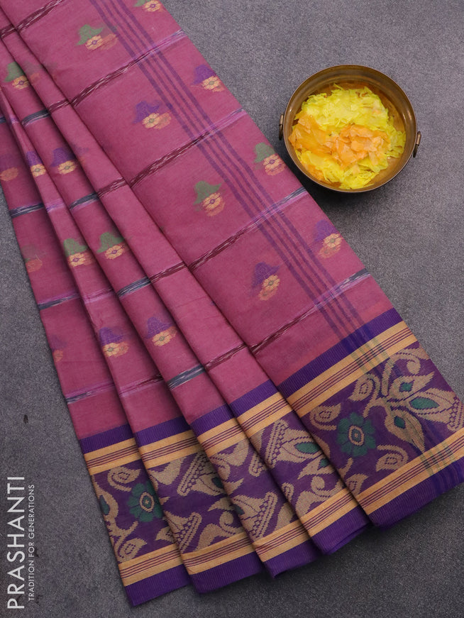 Bengal cotton saree pink shade and blue with thread woven buttas and thread woven border without blouse