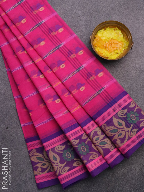 Bengal cotton saree pink and blue with thread woven buttas and thread woven border without blouse