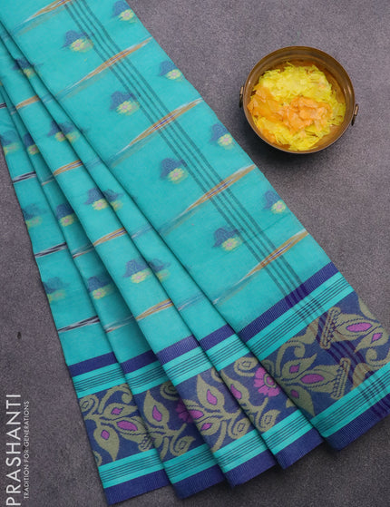 Bengal cotton saree teal blue and blue with thread woven buttas and thread woven border without blouse