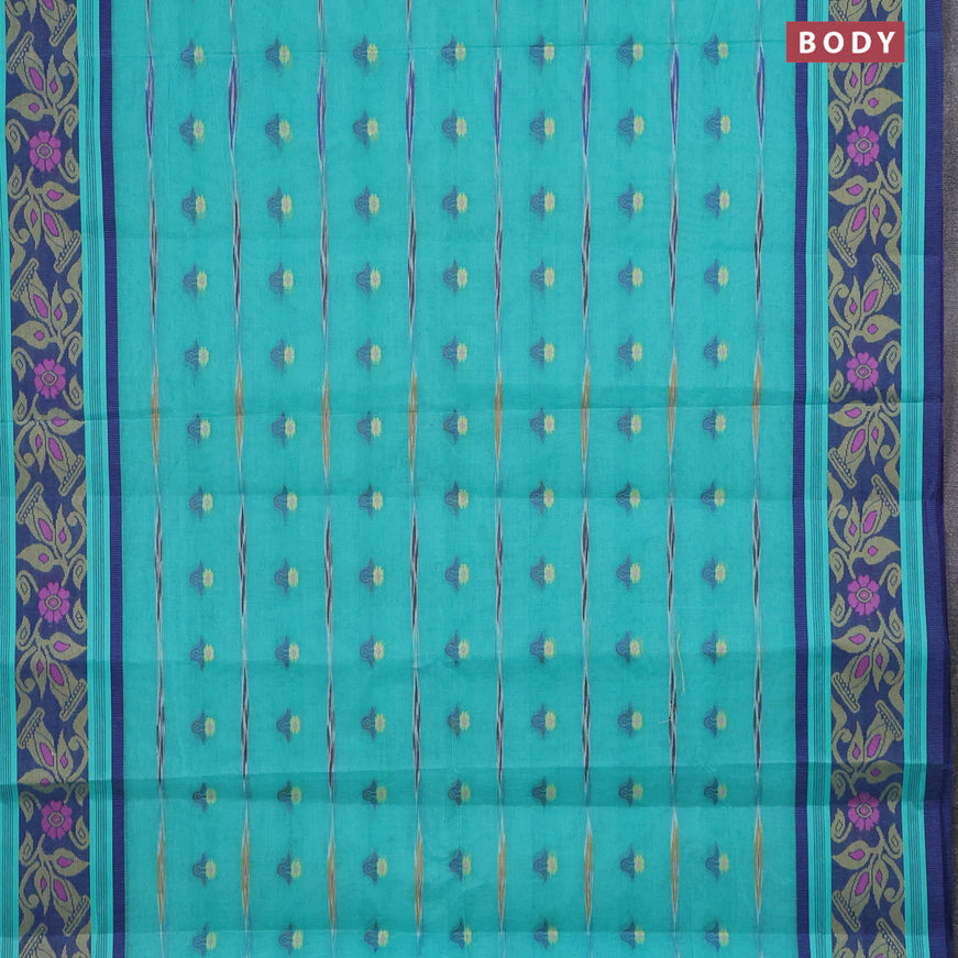 Bengal cotton saree teal blue and blue with thread woven buttas and thread woven border without blouse