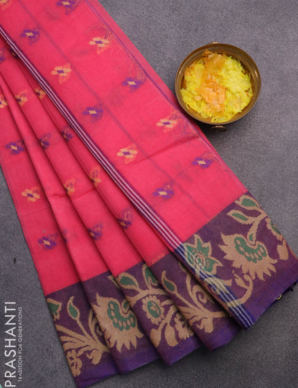 Bengal cotton saree pink and blue with thread woven buttas and thread woven border without blouse