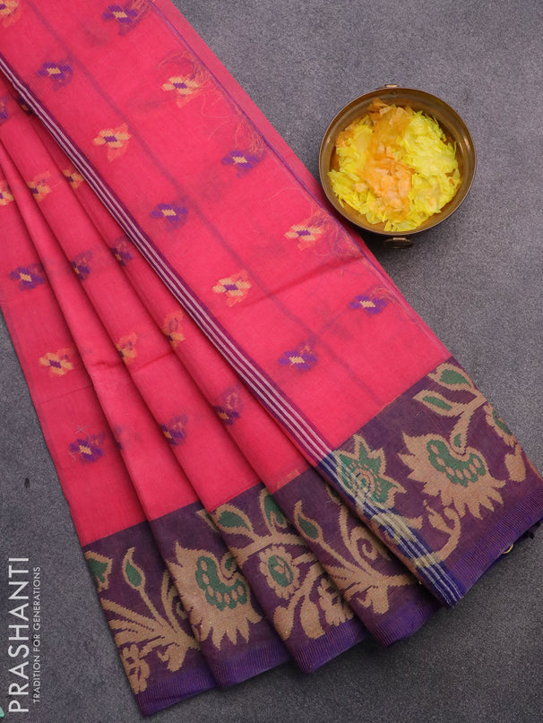 Bengal cotton saree pink and blue with thread woven buttas and thread woven border without blouse