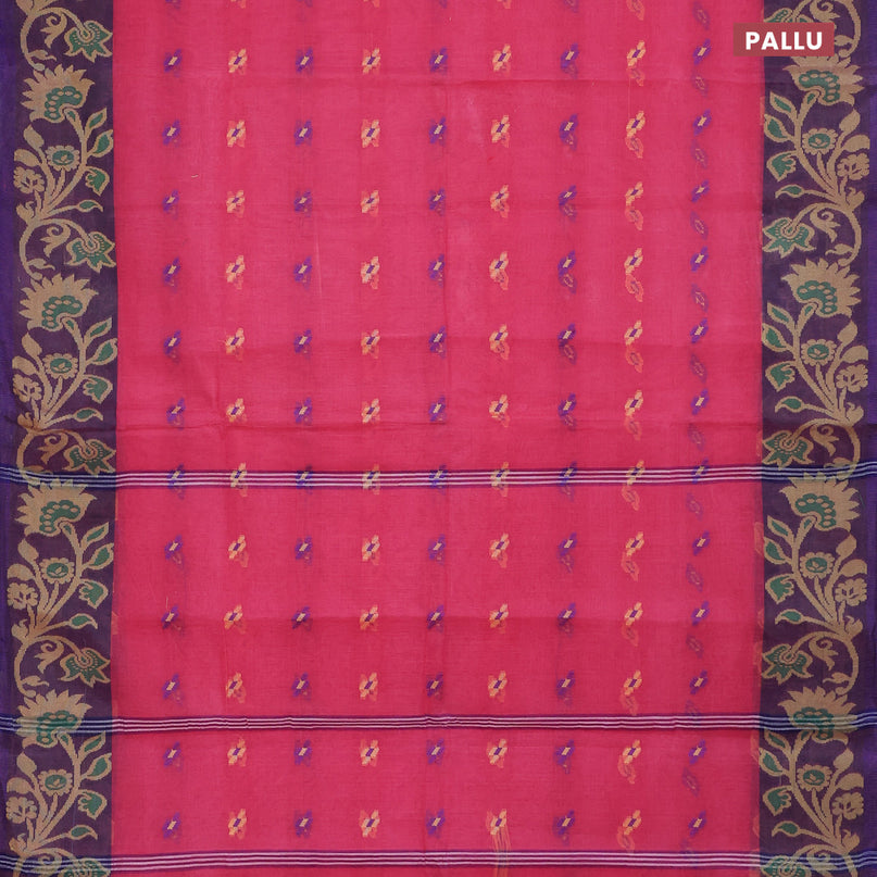 Bengal cotton saree pink and blue with thread woven buttas and thread woven border without blouse