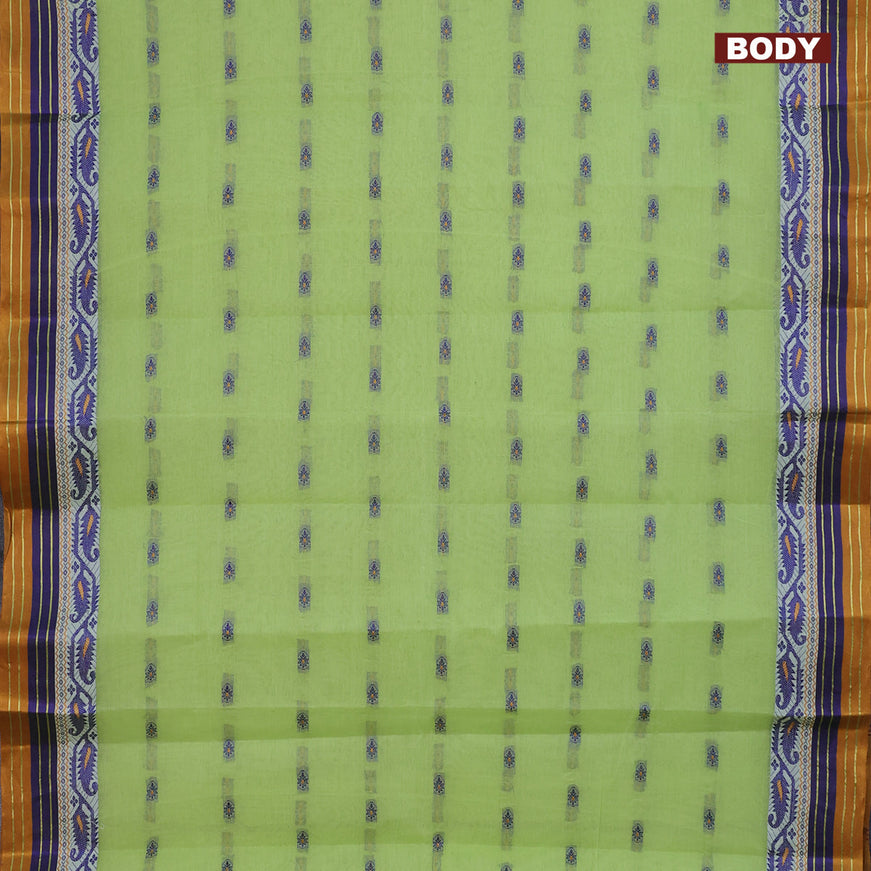 Bengal cotton saree light green and mustard shade with thread woven buttas and thread woven border without blouse