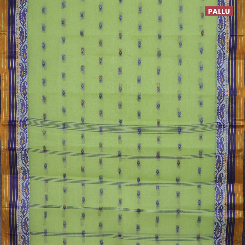 Bengal cotton saree light green and mustard shade with thread woven buttas and thread woven border without blouse