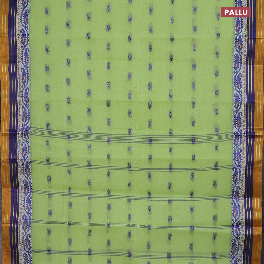 Bengal cotton saree light green and mustard shade with thread woven buttas and thread woven border without blouse