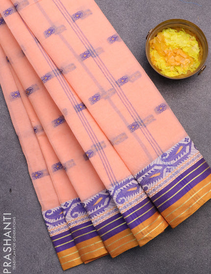 Bengal cotton saree peach orange and mustard shade with thread woven buttas and thread woven border without blouse