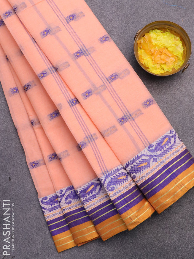 Bengal cotton saree peach orange and mustard shade with thread woven buttas and thread woven border without blouse