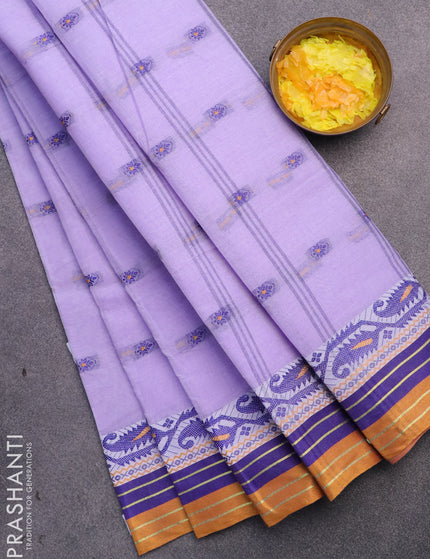 Bengal cotton saree lavender shade and mustard shade with thread woven buttas and thread woven border without blouse