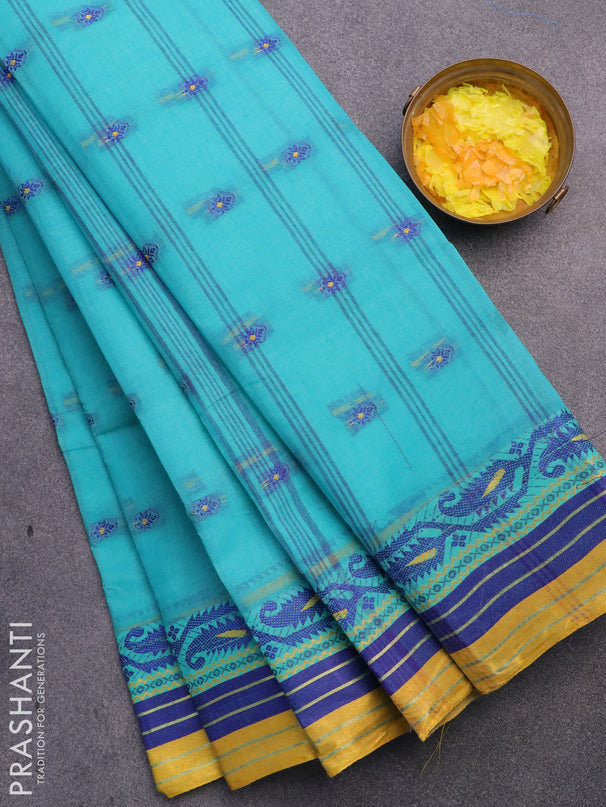 Bengal cotton saree teal blue and yellow with thread woven buttas and thread woven border without blouse