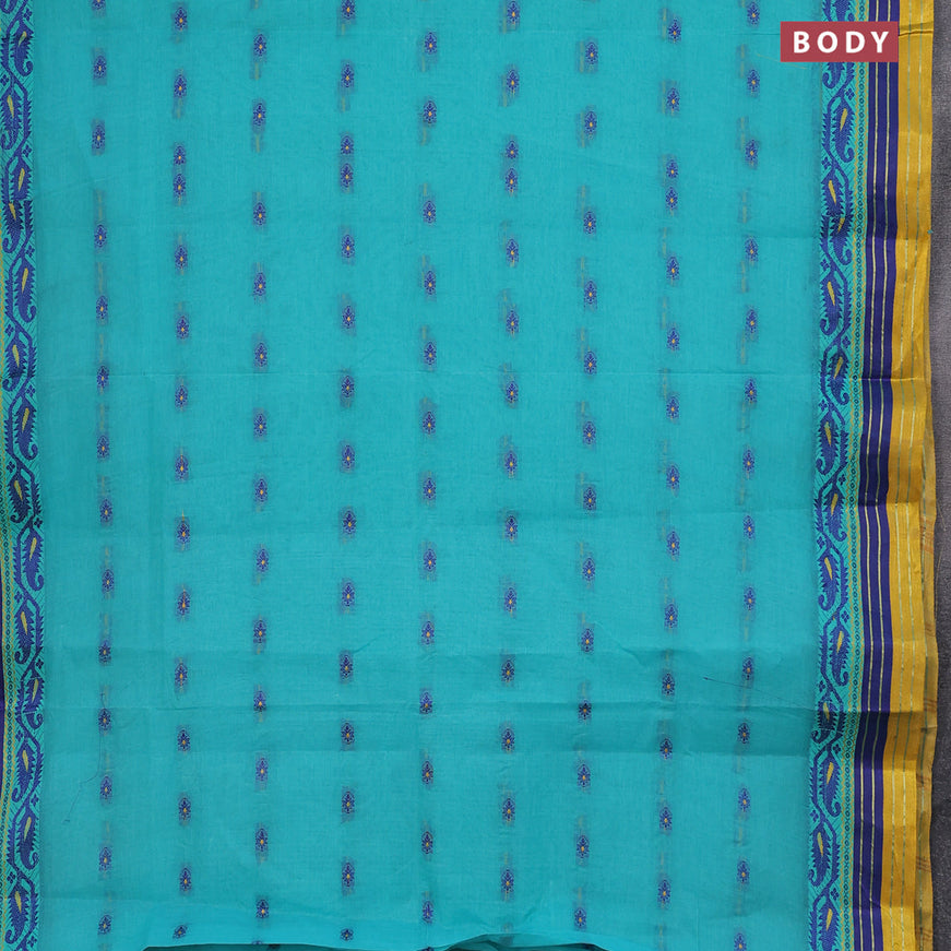 Bengal cotton saree teal blue and yellow with thread woven buttas and thread woven border without blouse