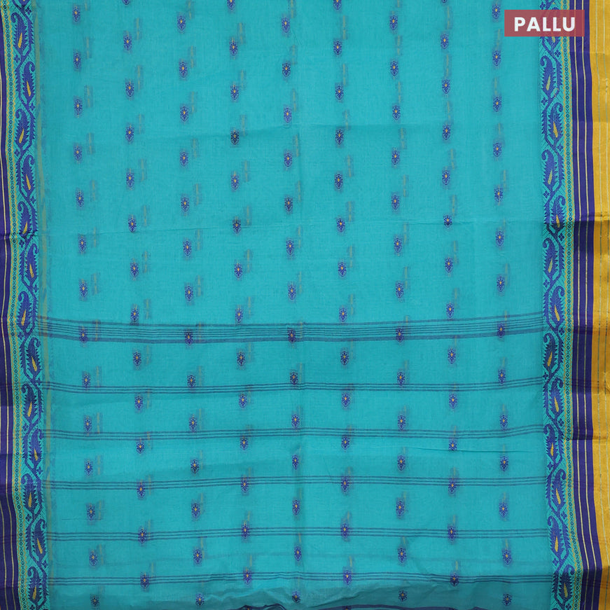 Bengal cotton saree teal blue and yellow with thread woven buttas and thread woven border without blouse