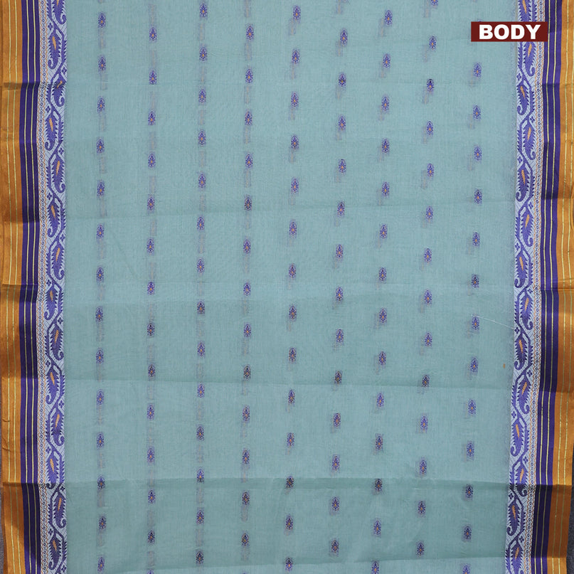 Bengal cotton saree pastel blue and mustard shade with thread woven buttas and thread woven border without blouse