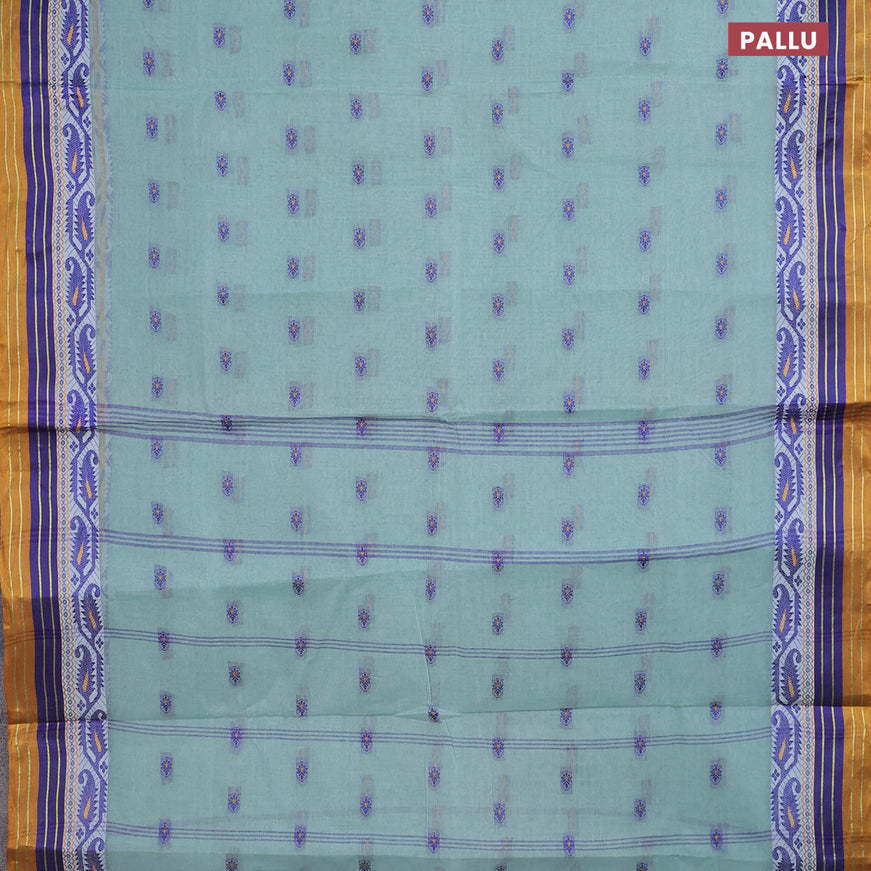 Bengal cotton saree pastel blue and mustard shade with thread woven buttas and thread woven border without blouse