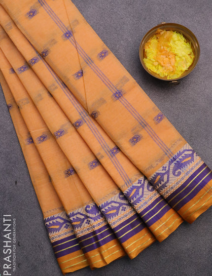 Bengal cotton saree pale orange with thread woven buttas and thread woven border without blouse