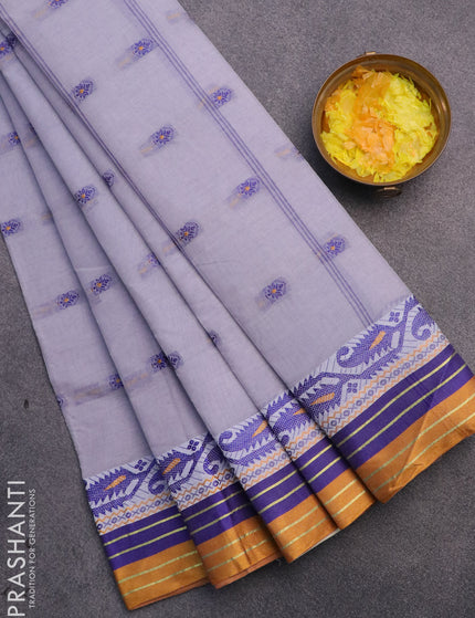 Bengal cotton saree grey and mustard shade with thread woven buttas and thread woven border without blouse