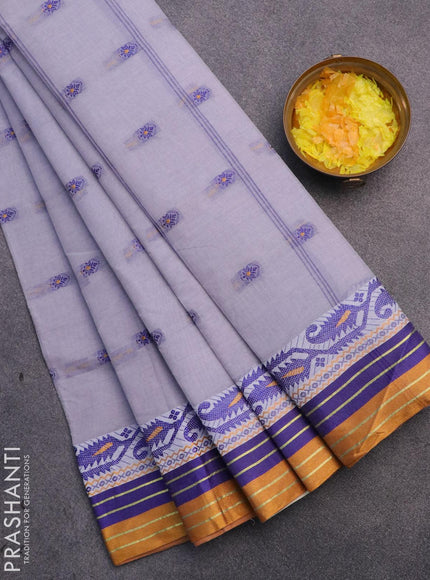 Bengal cotton saree grey and mustard shade with thread woven buttas and thread woven border without blouse